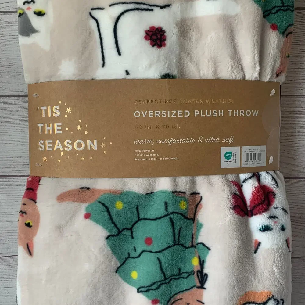 TisThe Season Christmas Cat Blanket Oversized Plush Throw 60x70